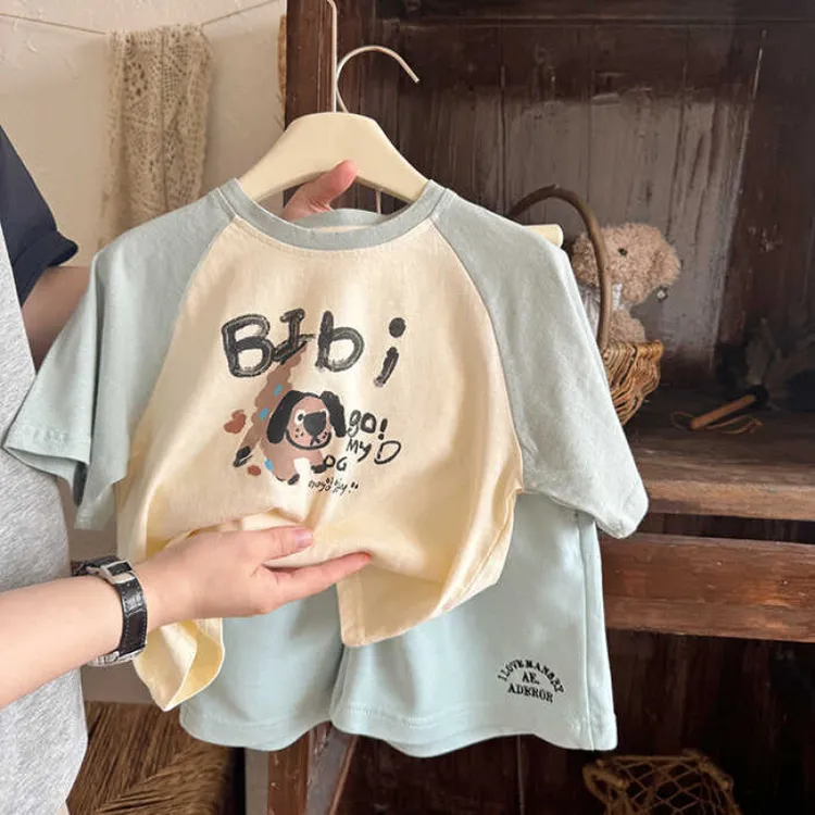 儿童插肩薄款套装夏季新款男女童短裤两件套小童卡通短袖T恤