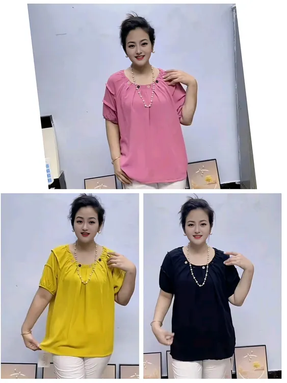拼接宽松型圆领女性大码T恤常规款圆领修身型遮肉款式