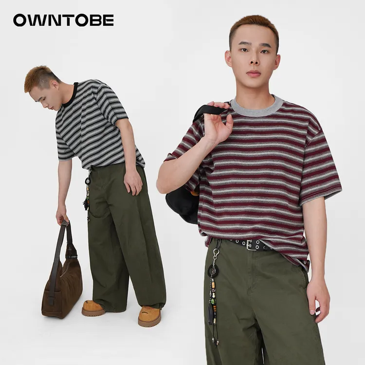 休闲复古夏季男透气条纹t恤松弛感时尚简约撞色百搭宽松圆领短袖t