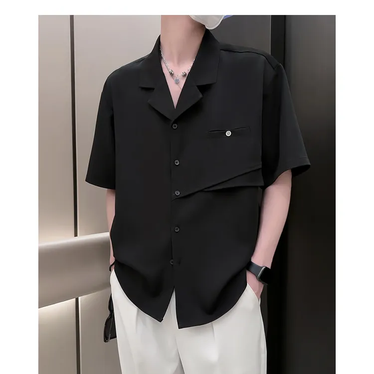 阿航男装 夏设计款垂感古巴领立体剪裁潮流宽松轻奢衬衫简约透气