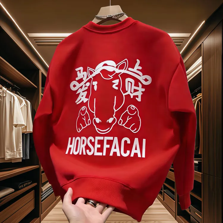 2026马年新款红色圆领卫衣男士国潮马上有钱印花休闲痞帅长袖上衣