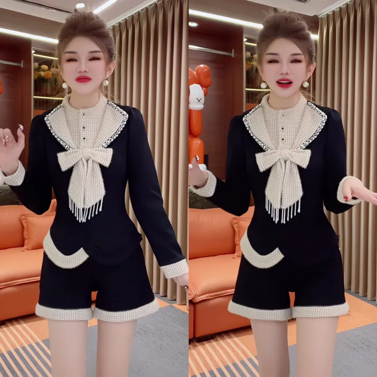 秋冬款洋气高档时尚套装设计感蝴蝶结拼接上衣显瘦正版短裤两件套