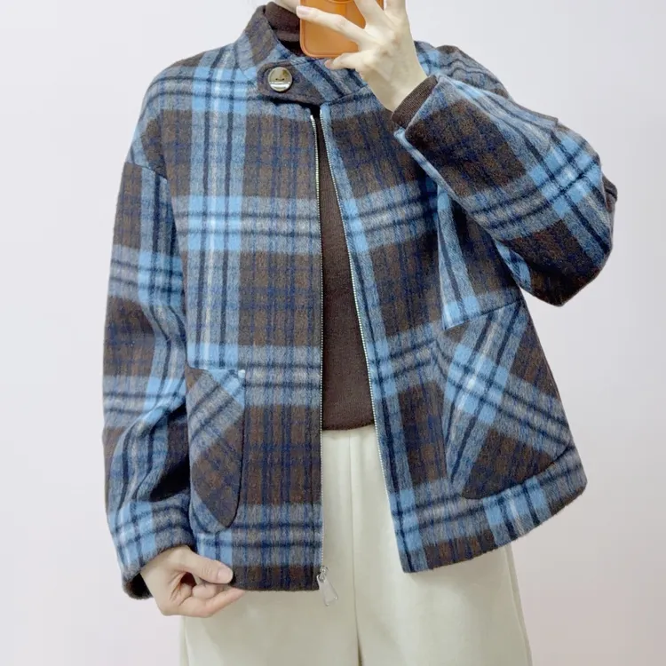 320时尚气质百搭拼色磨毛格子毛呢外套W320/GP