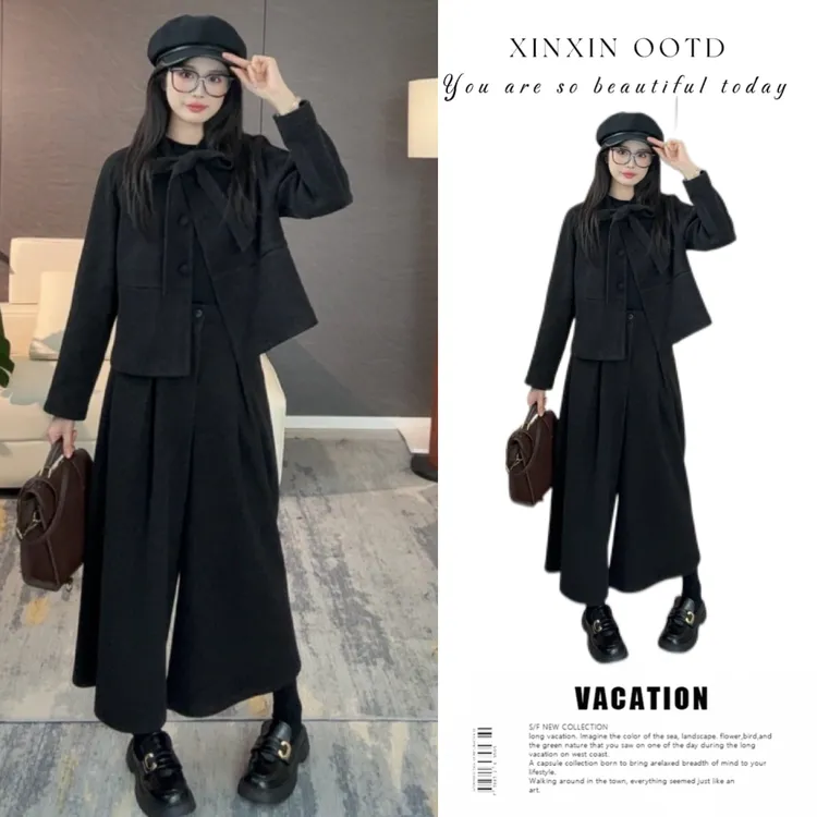 【蔡小姐】设计款蝴蝶结外套高腰显瘦百搭两件套时尚套装