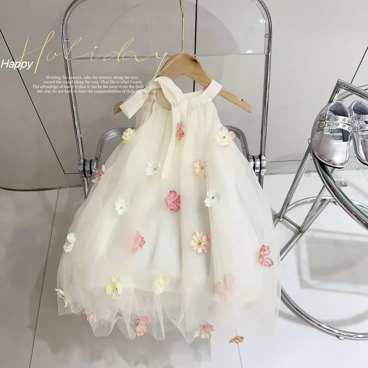 【童年花仙子】汤圆家童装2025夏季立体花朵挂脖气质纱裙 YA-1458