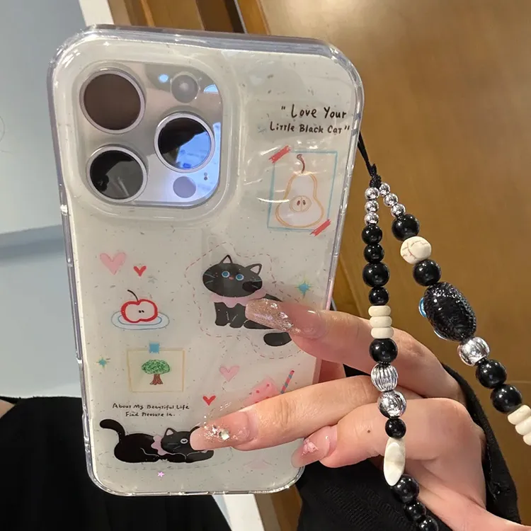 BANCA小黑猫睡觉挂链适用iPhone16/15大孔手机壳华为vivo小米oppo