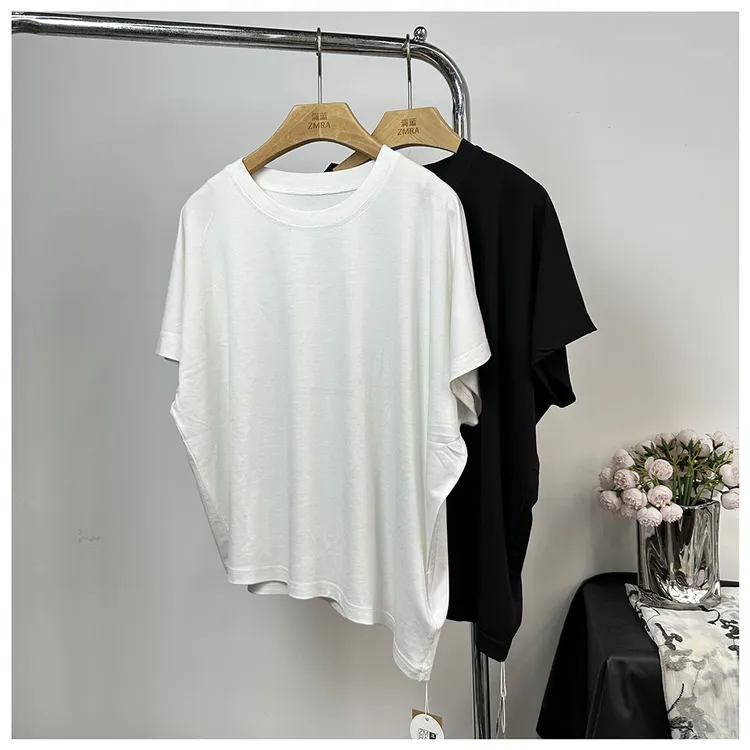 T394     夏季新款纯色宽松女士不规则圆领短袖T恤女