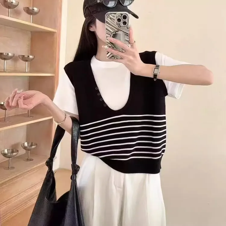 假两件针织衫女短袖2025夏季宽松条纹薄款显瘦上衣T恤打底衫J1-15