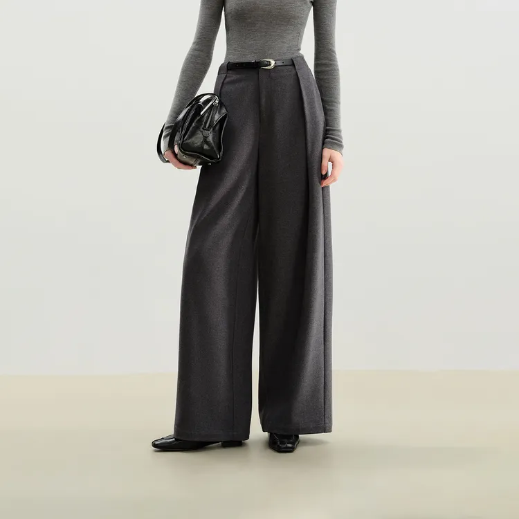 自巧小个子仿羊毛活褶设计微阔腿拖地裤直筒长裤25ZQ94181
