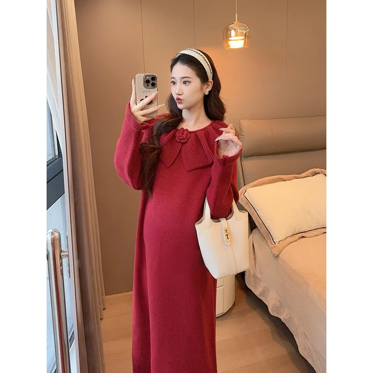 孕妇装【圣诞穿搭】2025新款冬装新年元旦红色立体花宽松连衣裙