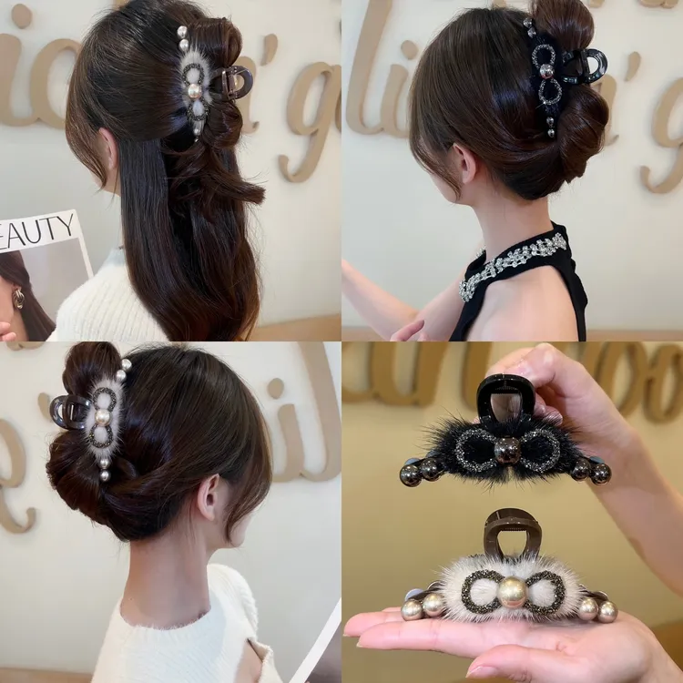 鲨鱼夹冬季款毛绒抓夹高级感气质发夹超仙头饰后脑勺毛毛发抓