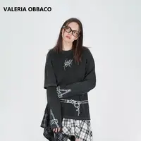 VALERIAOBBACO/瓦莱丽娅 奥贝科秋冬印花圆领长袖T恤修身百搭上衣