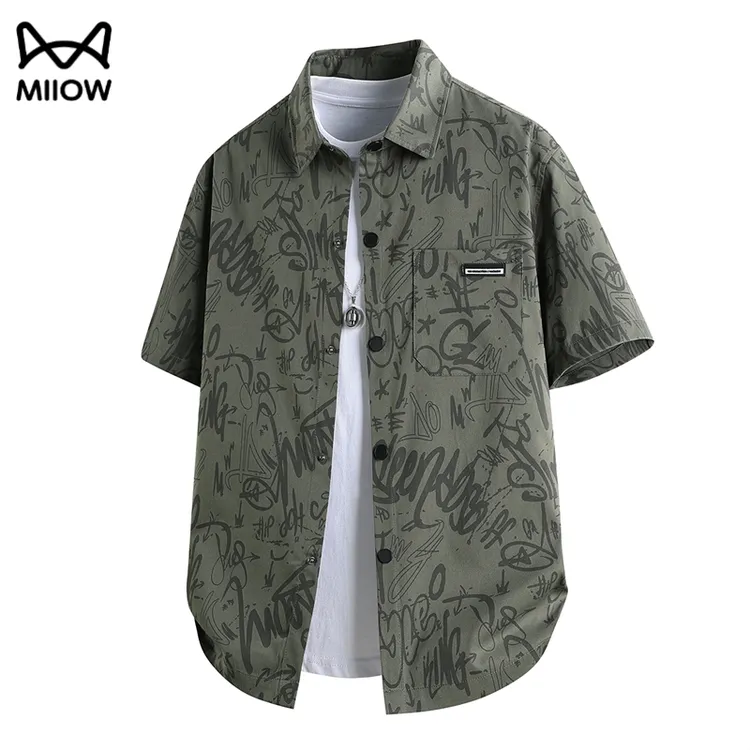猫人涂鸦印花短袖衬衫男夏季薄款潮流宽松休闲胖子加肥加大码衬衣