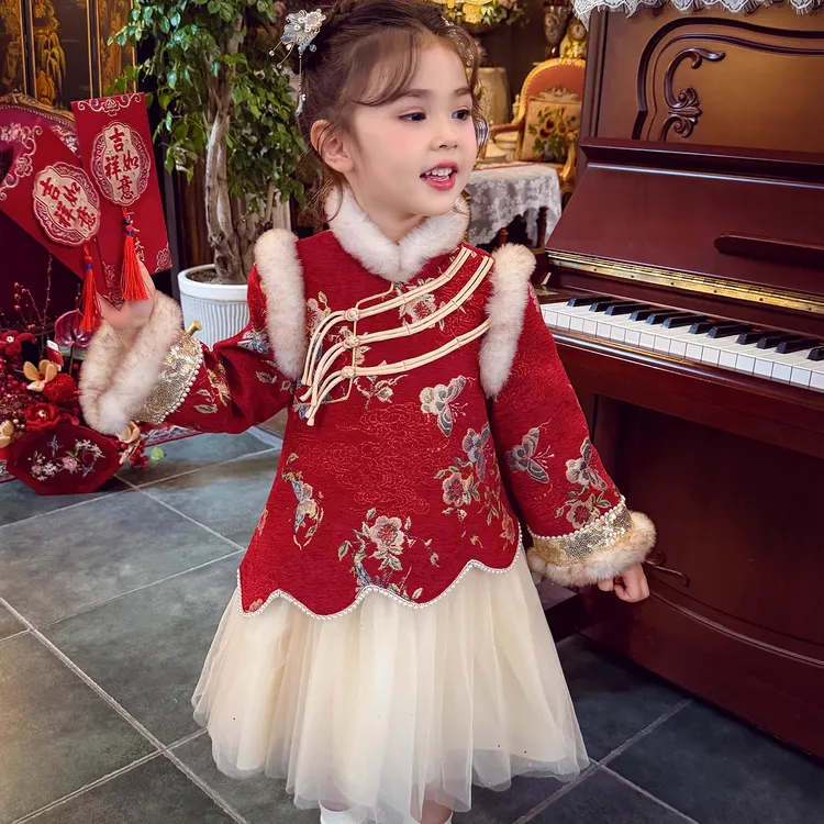 女童新年装旗袍裙儿童加绒公主裙冬装2025新款女孩连衣裙