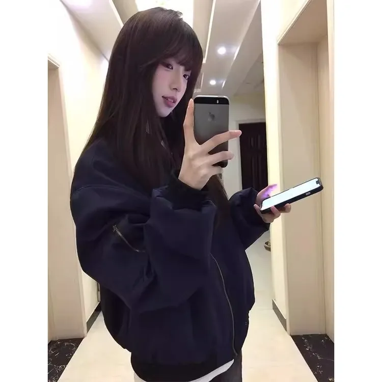 藏青色飞行员夹克男女情侣秋冬季美式高街棒球服cleanfi外套上衣