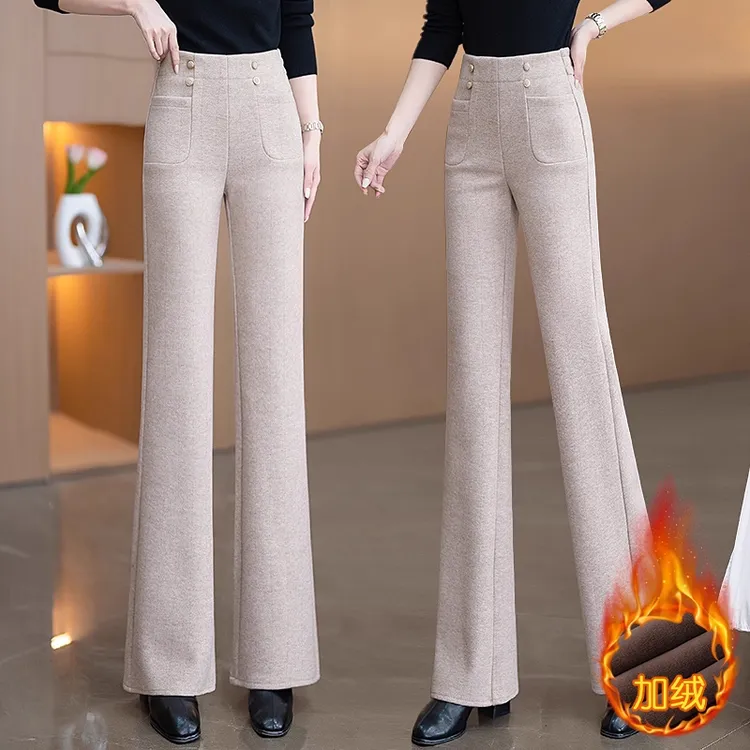 拉夏贝尔设计感微喇裤女秋冬2025新款松紧高腰休闲加绒加厚喇叭裤