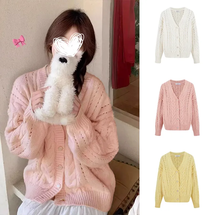 Moses Queen/魔西女王温柔风粉色毛衣外套宽松针织开衫减龄上衣