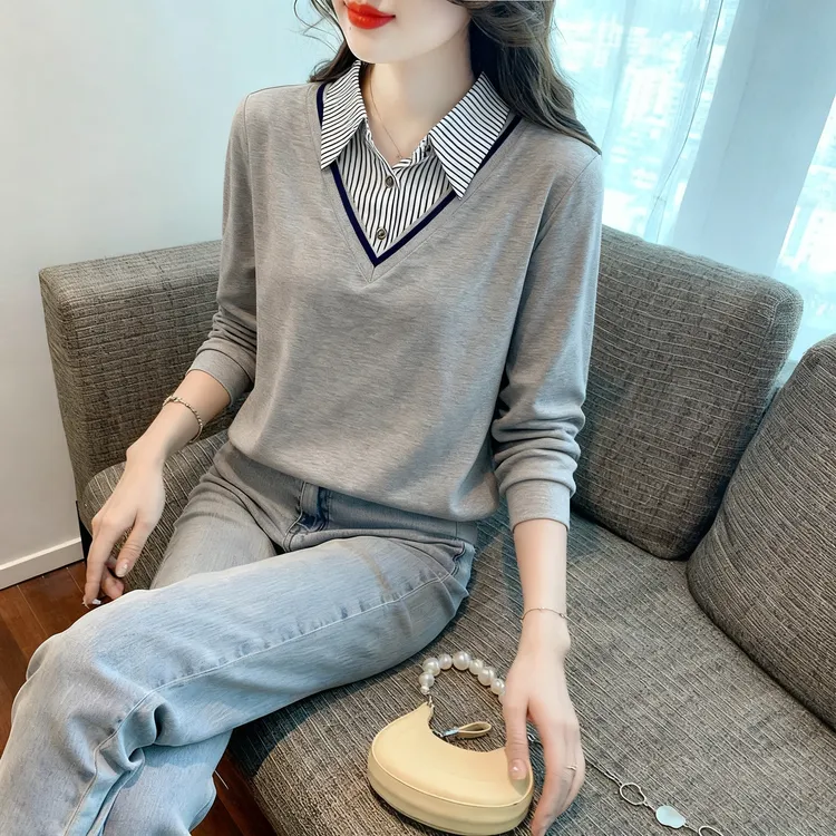 洋气假两件Polo领上衣宽松灰色卫衣女2025春秋衣长袖T恤打底小衫