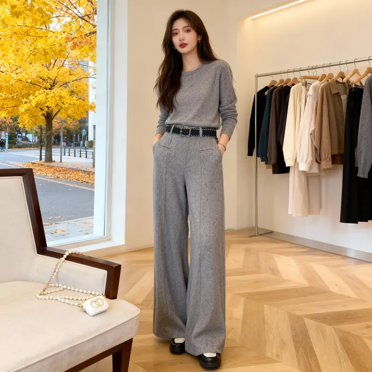 灰色毛呢裤子秋冬欧货大码胖mm垂感小个子阔腿裤糯米直筒西装裤女