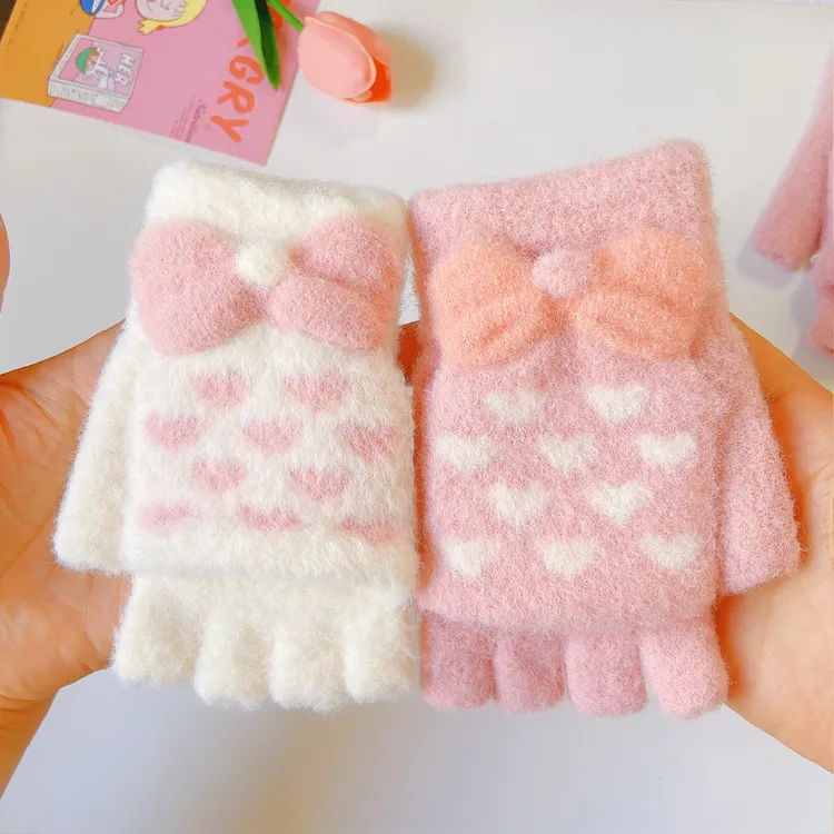 新款秋冬季少女心保暖护手套加绒加厚毛绒翻盖半指防寒女学生手套