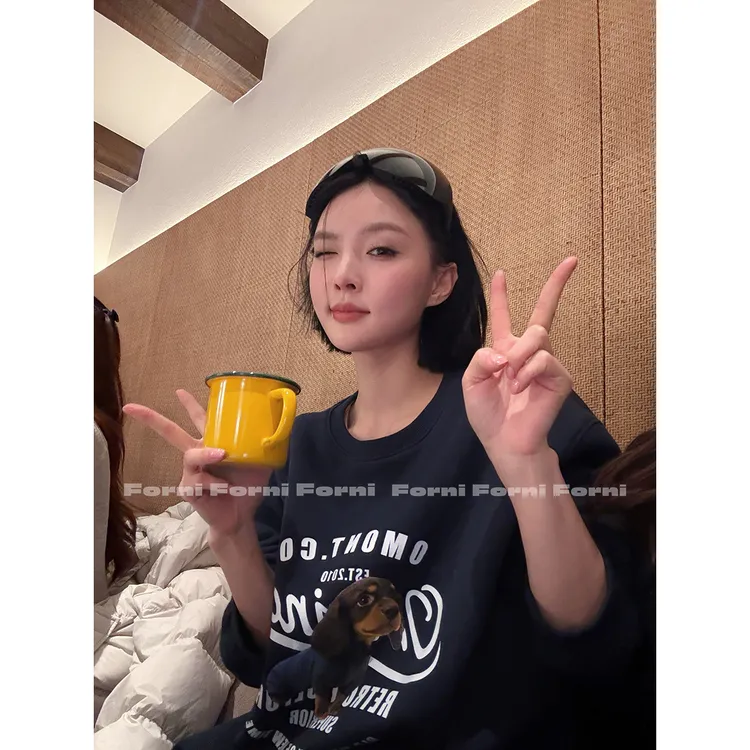 FORNI 硬控小腊肠 100%全棉加厚磨毛圆领腊肠狗印花宽松卫衣