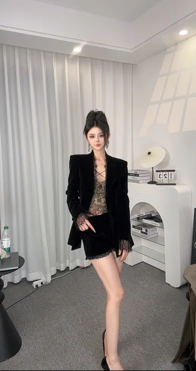 嘻嘻专属丝绒蕾丝拼接西装套装女秋冬正装黑色公考面通勤西服外套