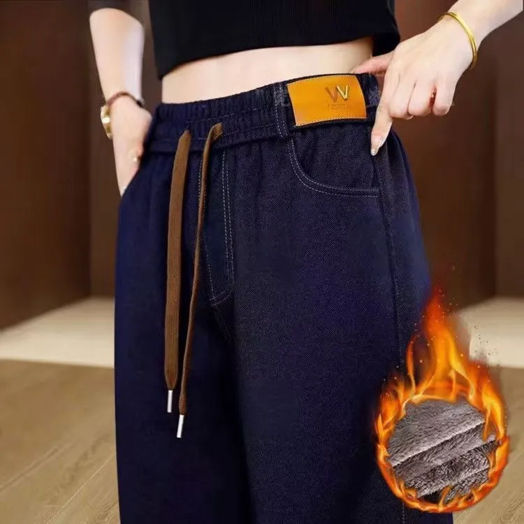 爆款加厚加绒牛仔女裤2025秋冬新款高腰阔腿裤外穿宽松妈妈长裤子