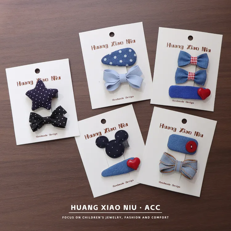 黄小妞百搭可爱牛仔布蓝色女宝宝包布夹婴儿不伤发蝴蝶结发卡发饰