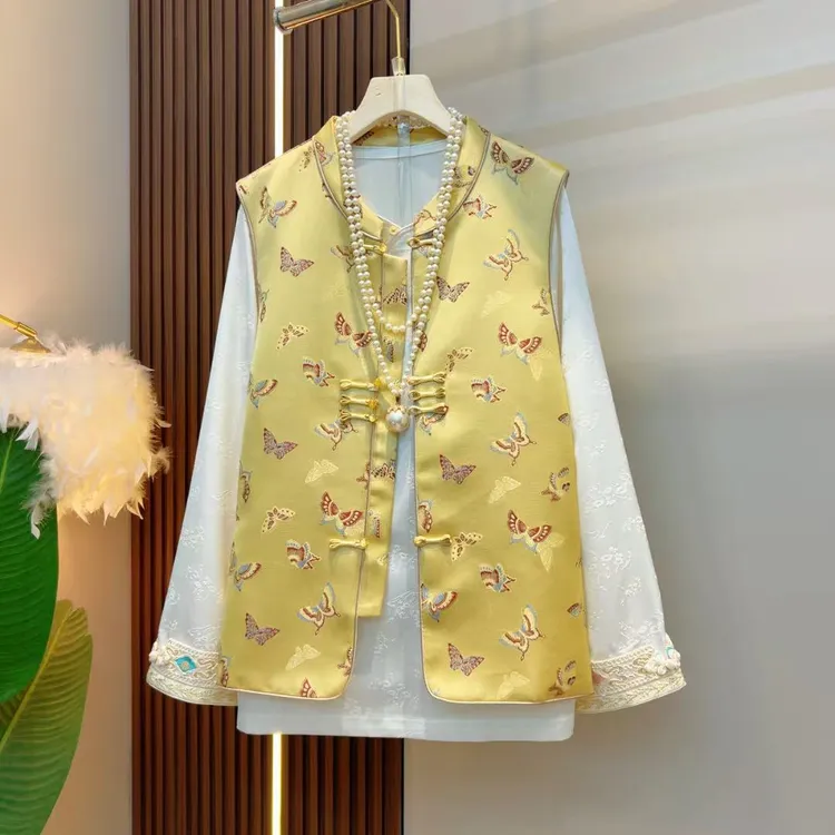 2025时尚新中式复古蝴蝶结刺绣马甲百搭打底衫套装195-15/188-3