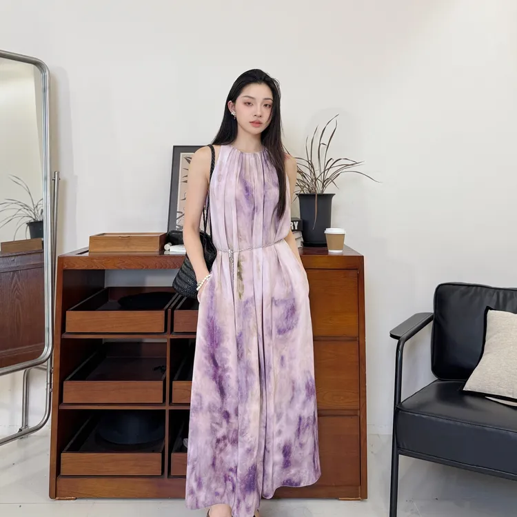 euri南法假日丨双层100桑蚕丝真丝双绉宽松A版挂脖连衣裙-MY5999