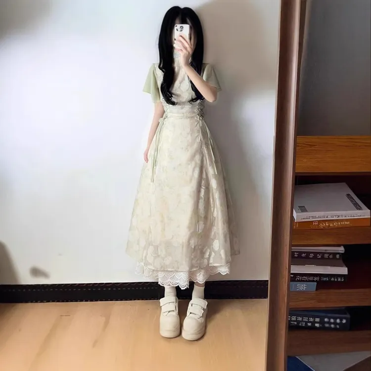 新中式国风立领印花拼色连衣裙女学生夏季收腰气质改良版旗袍长裙