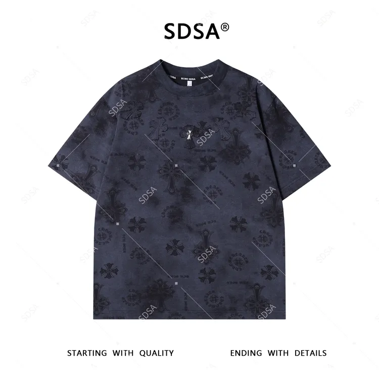 SDSA夏季新款男士痞帅潮牌十字贴布印花设计圆领短袖T恤显瘦百搭