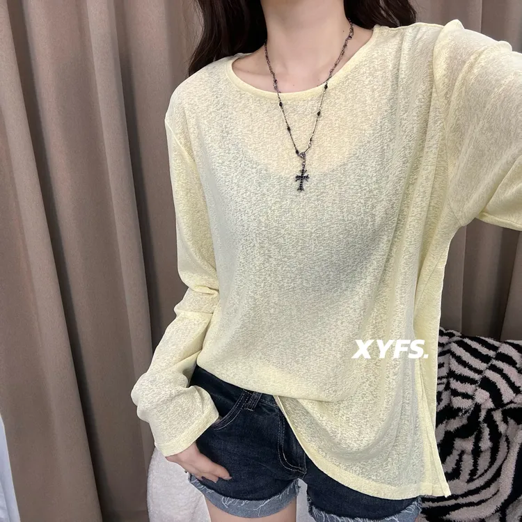 2025夏季新款圆领薄款长袖T桖女百搭防晒宽松罩衫纯色上衣女