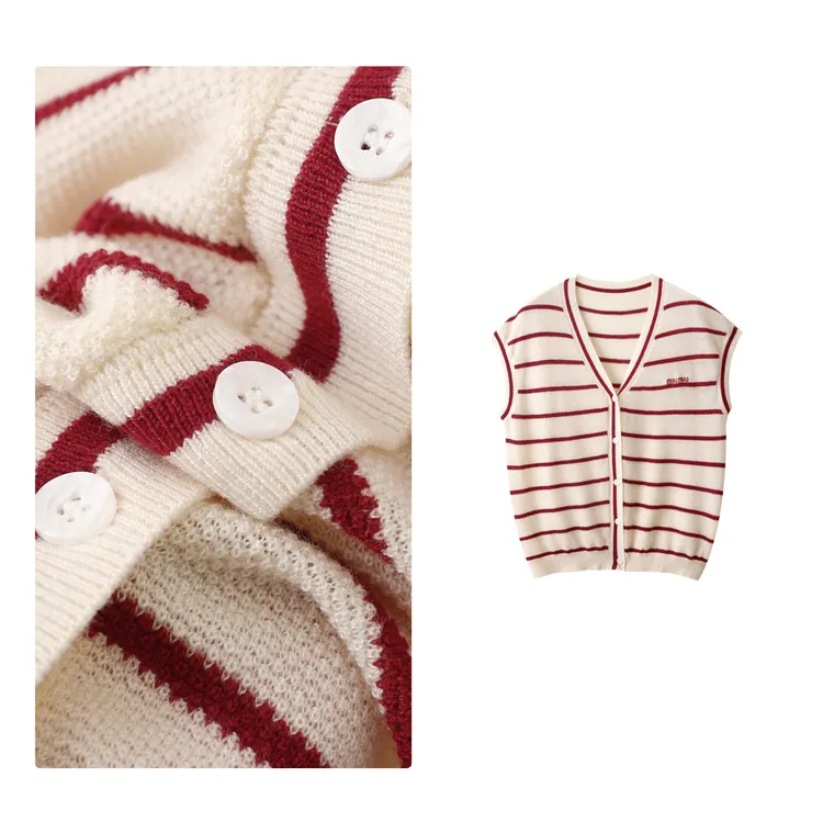 惊喜！门店21&9！草莓挞马甲」绵羊毛条纹显瘦针织无袖上衣女Y00012