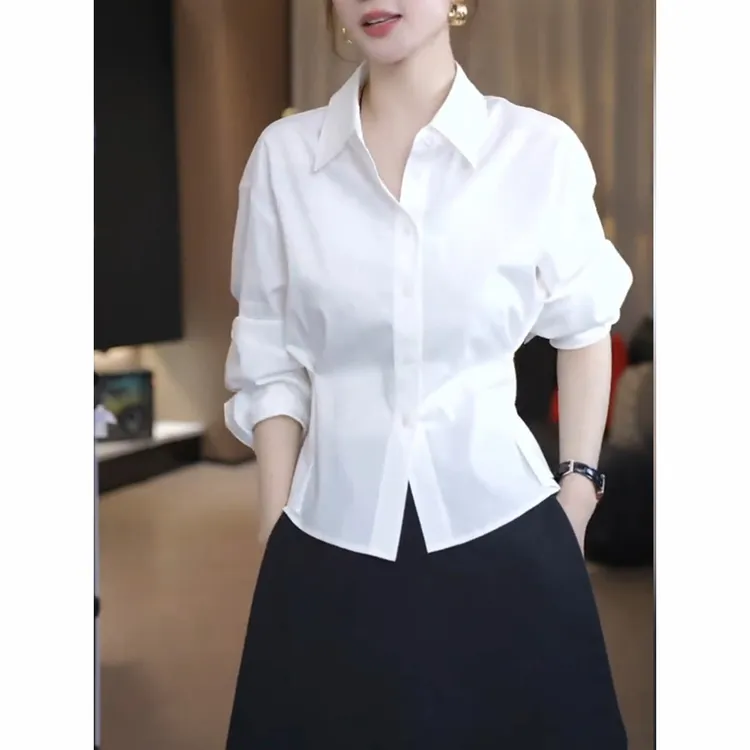 白色长袖翻领衬衫女2025秋季新款气质收腰显瘦百搭单排扣小衫上衣