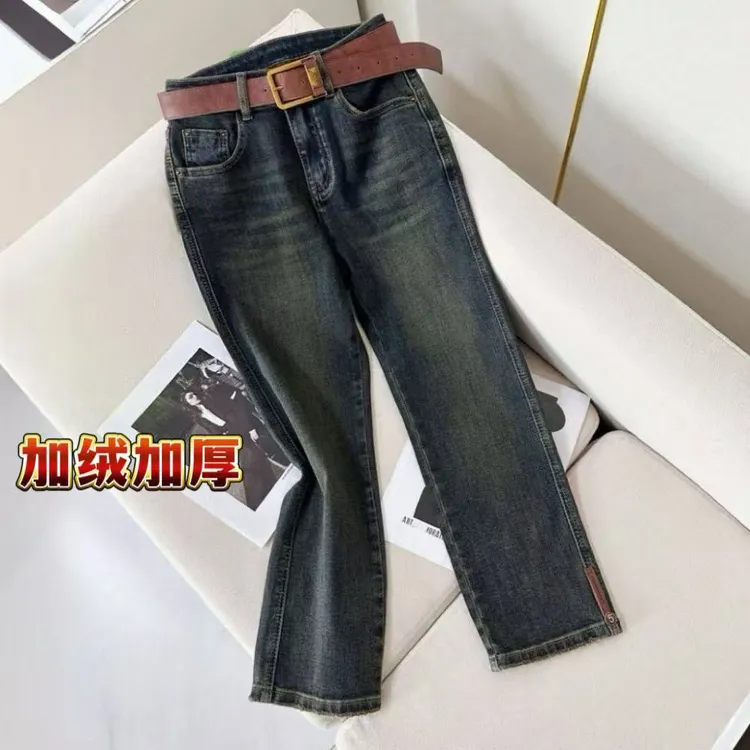 6062冬季新款复古蓝修身牛仔裤女小个子加绒烟管裤八九分直筒欧货