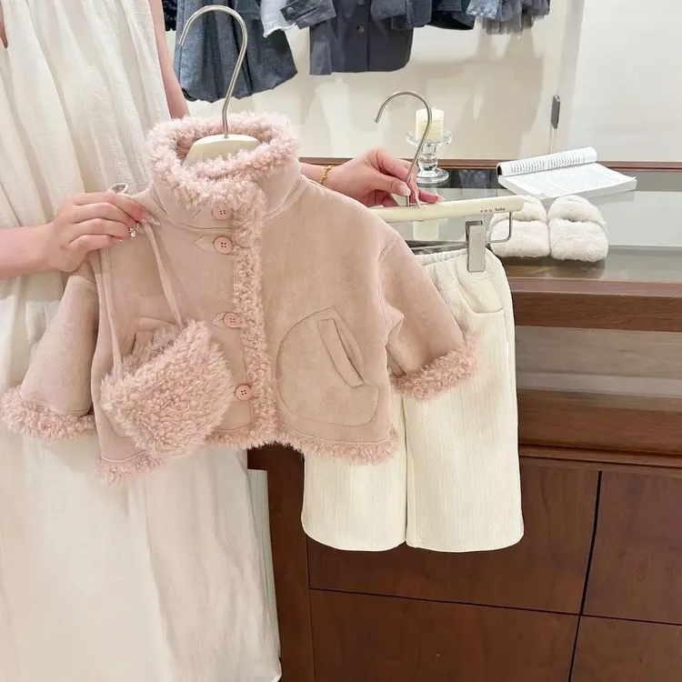 实物偏粉紫 ！女宝冬装韩版加绒套装皮毛一体外套洋气时髦加绒裤子