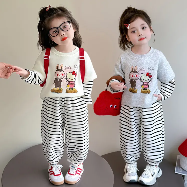 儿童卡通假两件卫衣套装女童秋装洋气休闲女宝宝春秋款条纹两件套