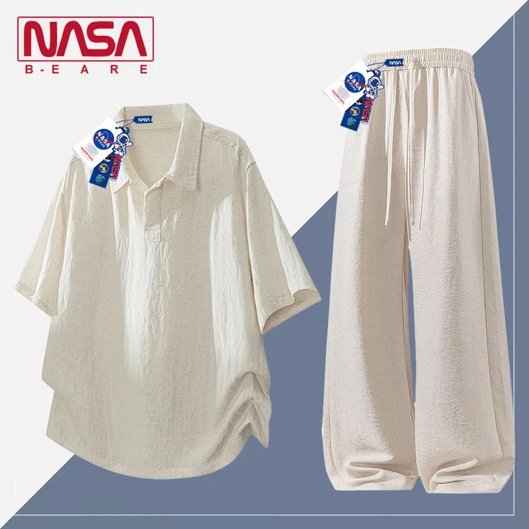 NASA联名老钱风亚麻POLO衫休闲套装男夏季薄款冰丝短袖长裤两件套