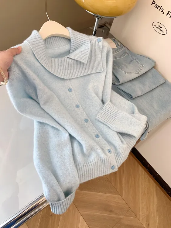 韩版不规则设计翻领长袖针织开衫女2025冬季新款漂亮精致毛衣外套