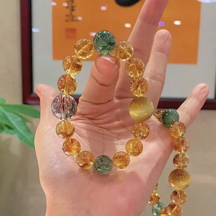 天然黄塔晶黑金超七水晶手链女款绿发晶多宝手串招财转运珠女款