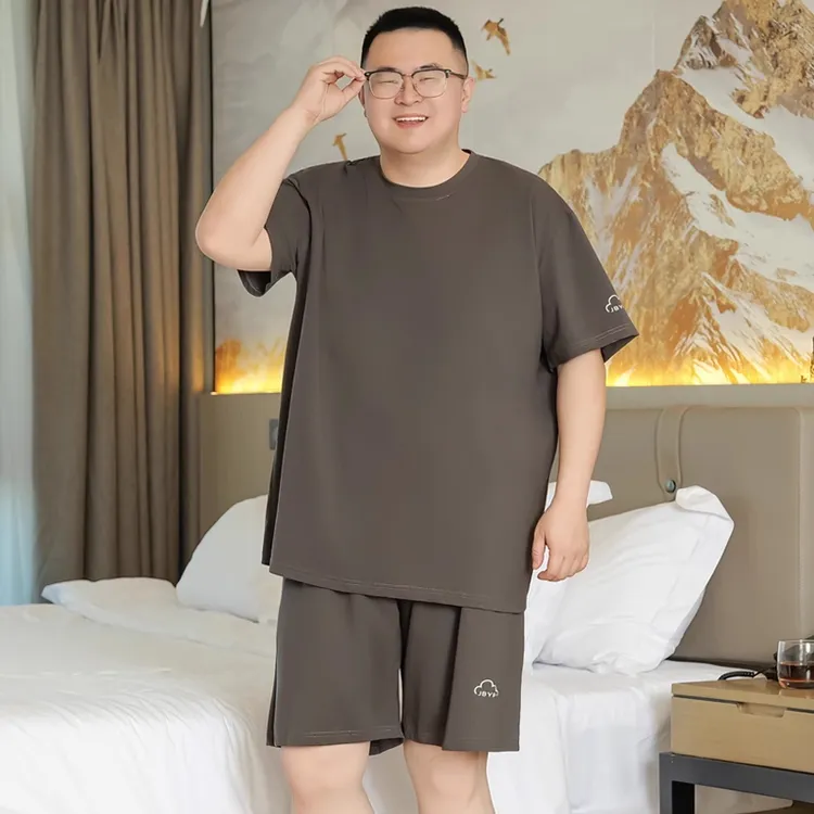 莫代尔加肥加大码男夏季凉感睡衣薄款短袖套装居家圆领冰丝休闲服