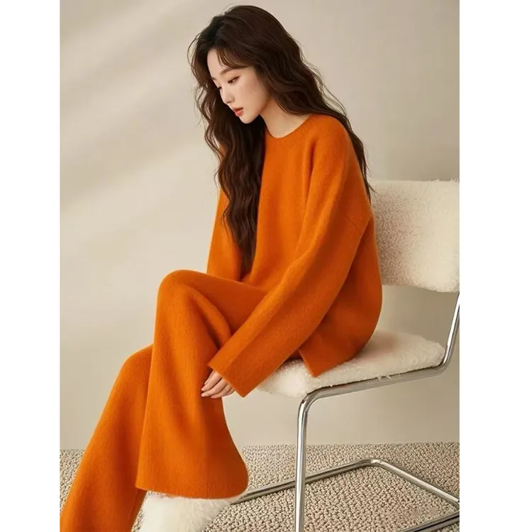 2024新款橘色宽松软糯打底毛衣裤子漂亮女装高端时尚套装冬季加厚