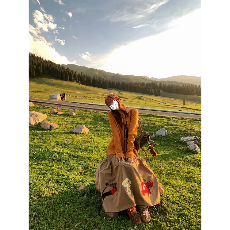 【温柔邂逅】秋季百搭上衣圆领针织开衫长袖+贴布绣花半身裙22277