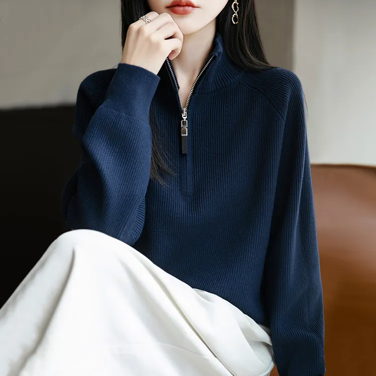 鄂尔多市纯100羊毛衫女士秋冬新款拉链高领毛衣内搭针织打底衫女