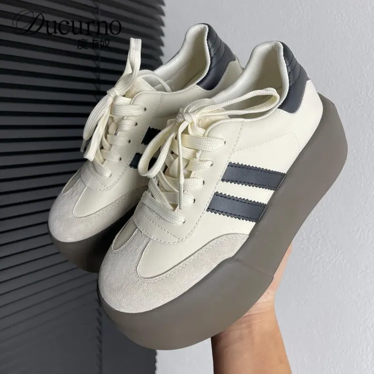 高端版！休闲小白鞋复古百搭厚底显脚小软牛皮面包大头德训板鞋女