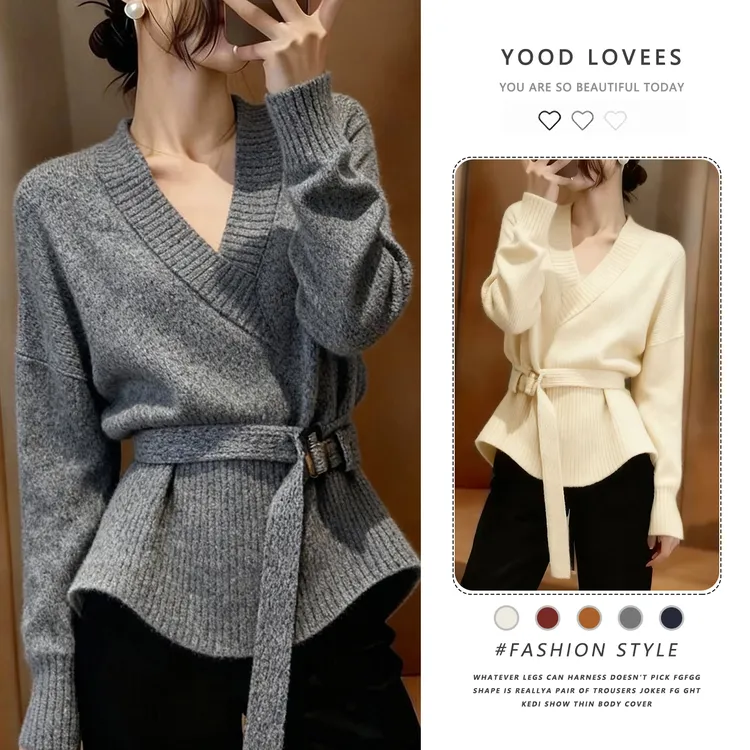 韩系穿搭灰色v领长袖针织衫女秋冬宽松慵懒收腰毛衣内搭打底上衣