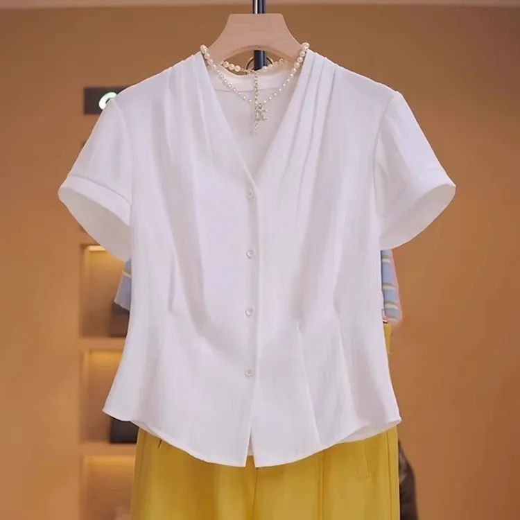 宽松显瘦小众设计感短袖衬衫夏季薄款胖MM大码女装褶皱收腰上衣女