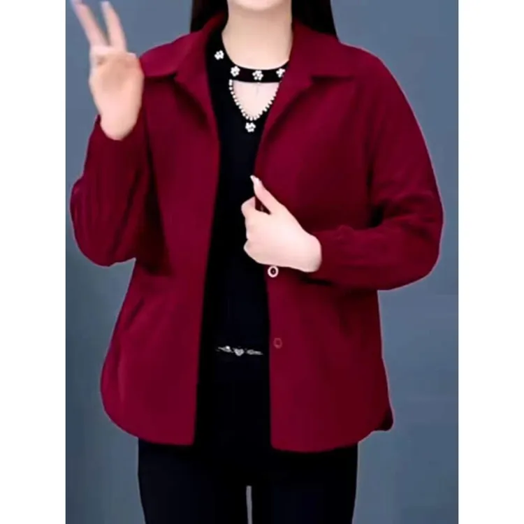 雅鹿优选秋装妈妈新款长袖短外套翻领盘扣洋气开衫上衣大码宽松中