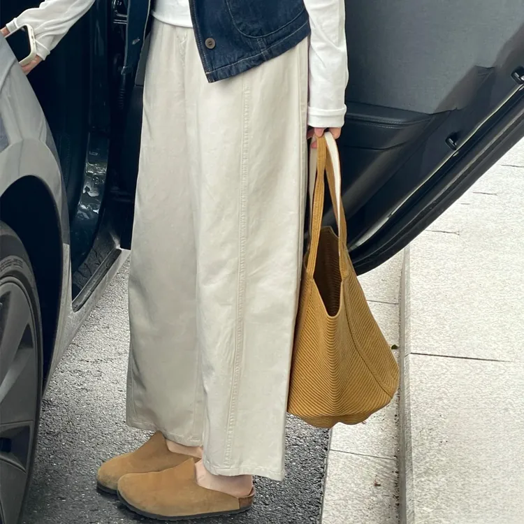 日系杏色阔腿奶奶裤女秋季大码胖mm宽松显瘦小个子直筒九分休闲裤